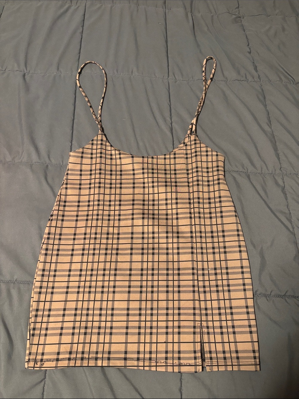 Love Tree Beige Plaid Spaghetti Strap Mini Dress